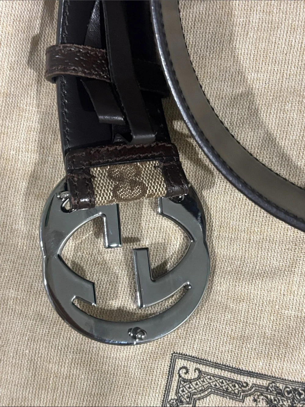 Gucci Brown Monogram GG Canvas Belt with Silver Interlocking GG Buckle